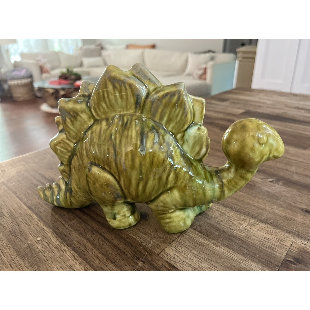 Vintage Ceramic Dinosaur Figurine Stegosaurus Glazed Green 6x10 Figurine